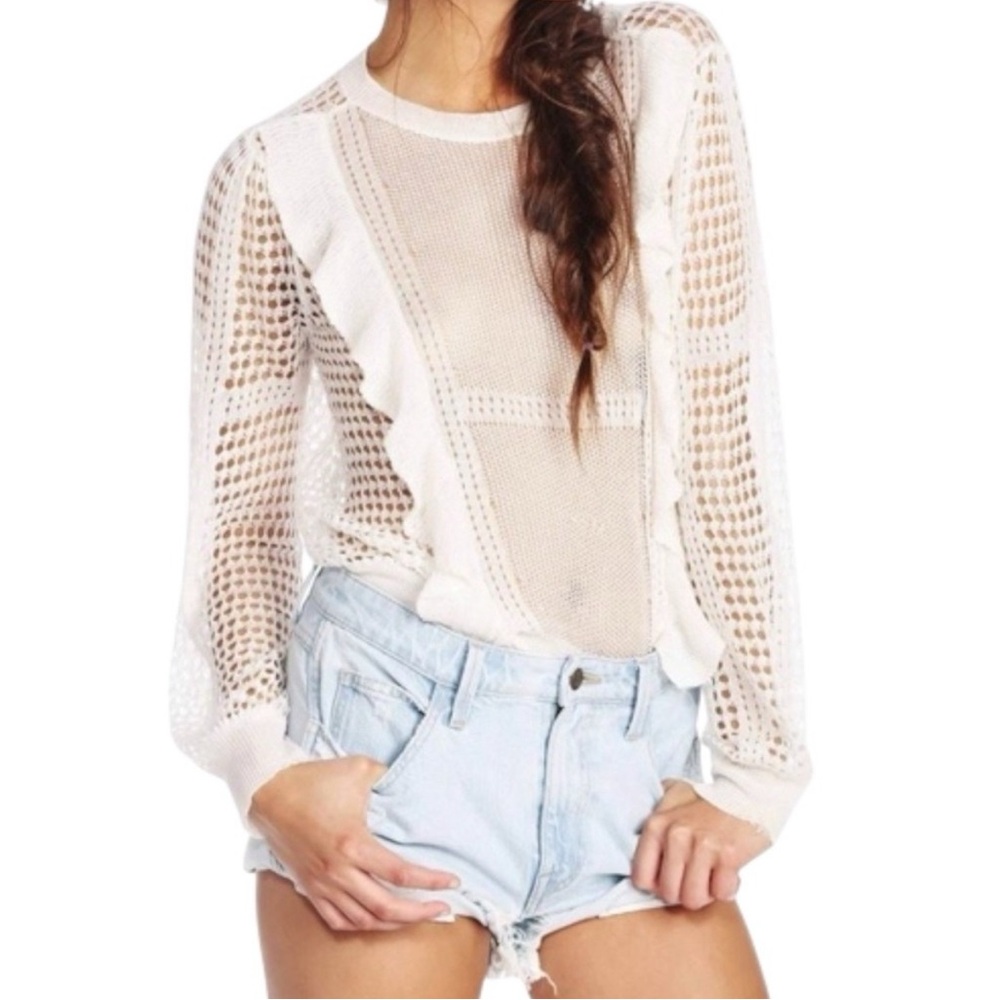 Wildfox Cream Ruffle Open Knit Sweater Distressed Sheer Boho Size Large